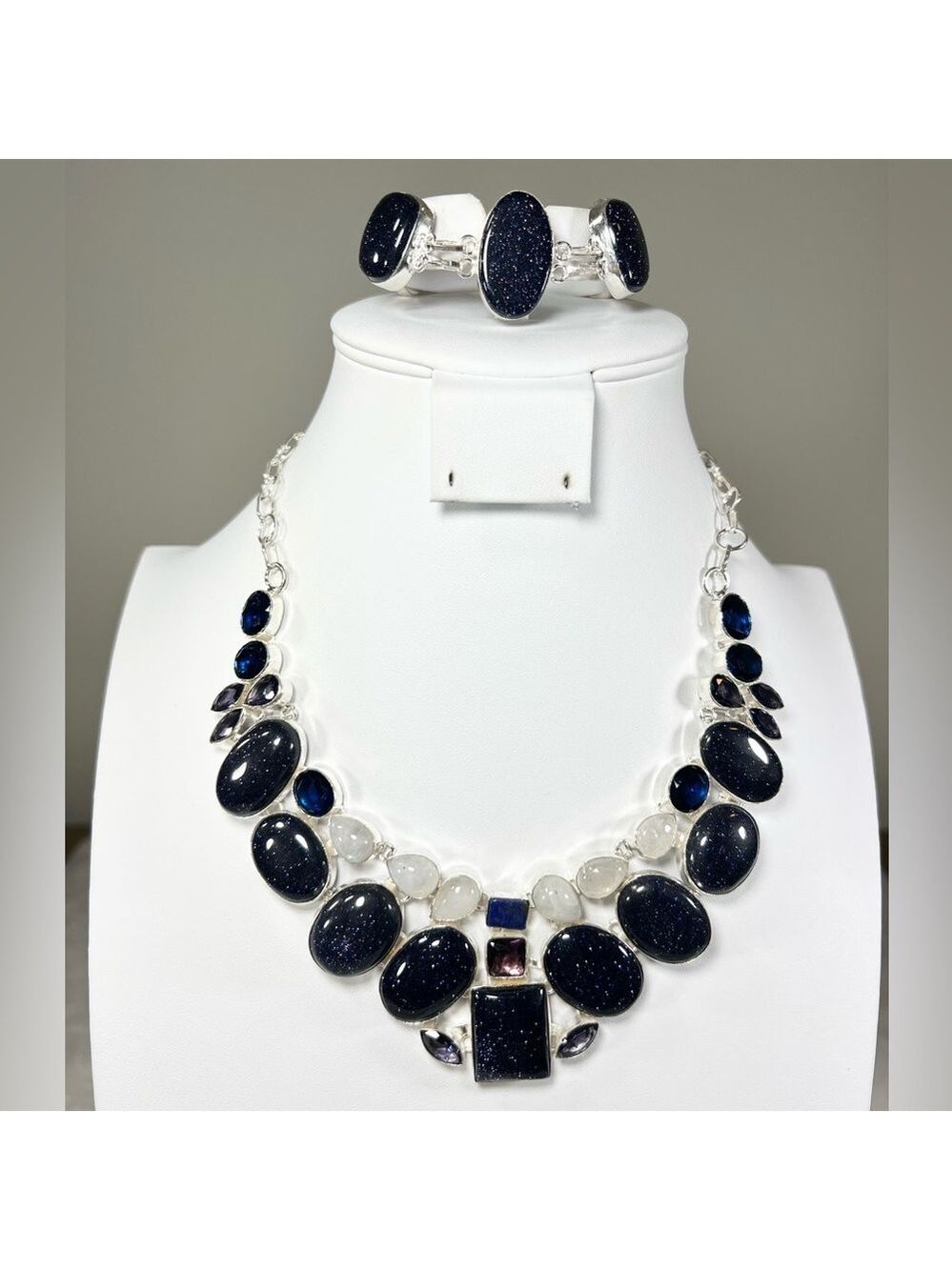 Blue Sunstone Moonstone Lapis 925 Gemstone Large Necklace & Bracelet